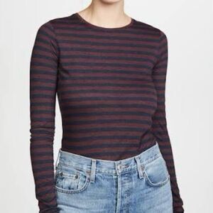 Vince Navy and Burgundy Striped Long Sleeve Tee
